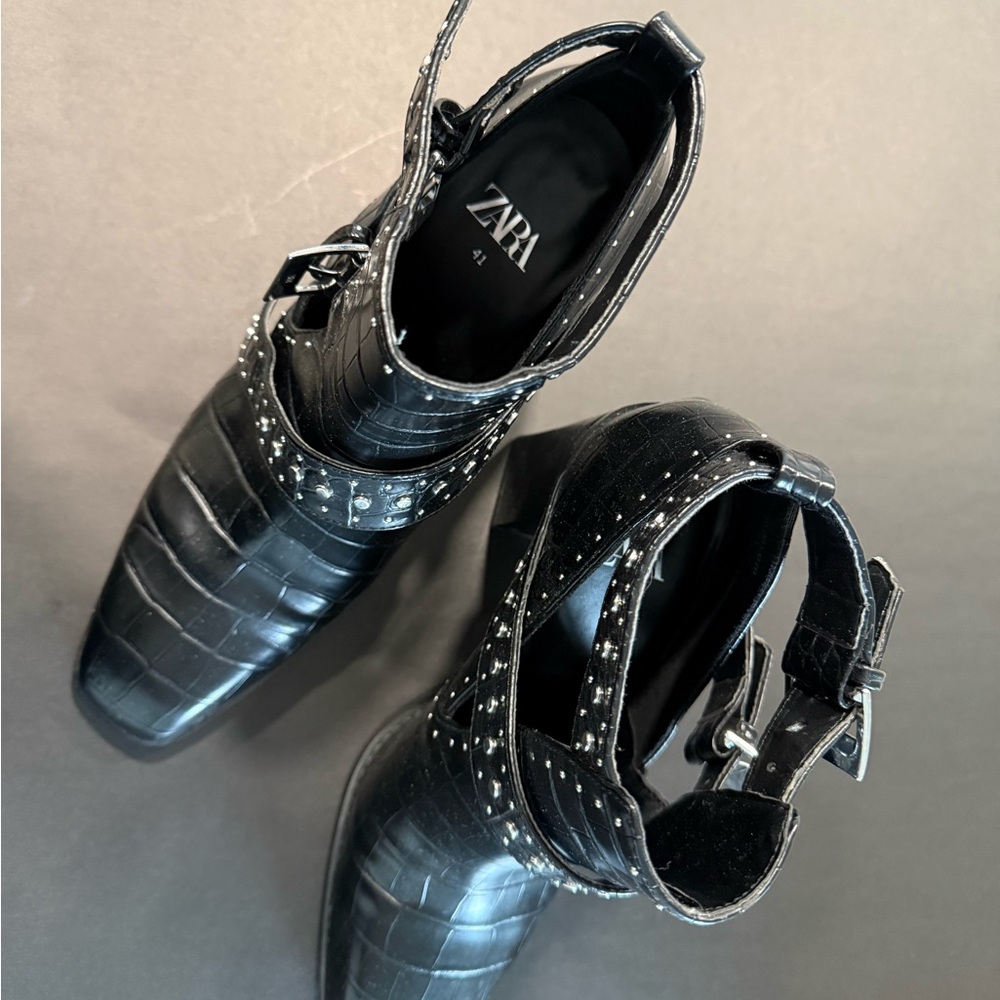 Zara Black Studded Croc-Pattern Boots